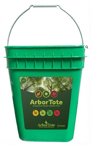 Green ArborTote bucket with a label on a white background