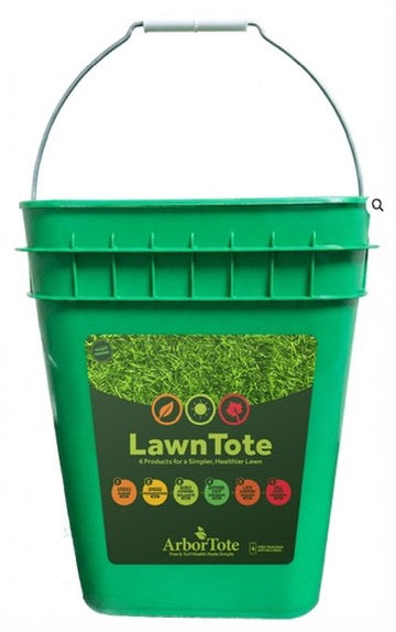 Green 'Lawn Tote' bucket with ArborTale branding on a white background