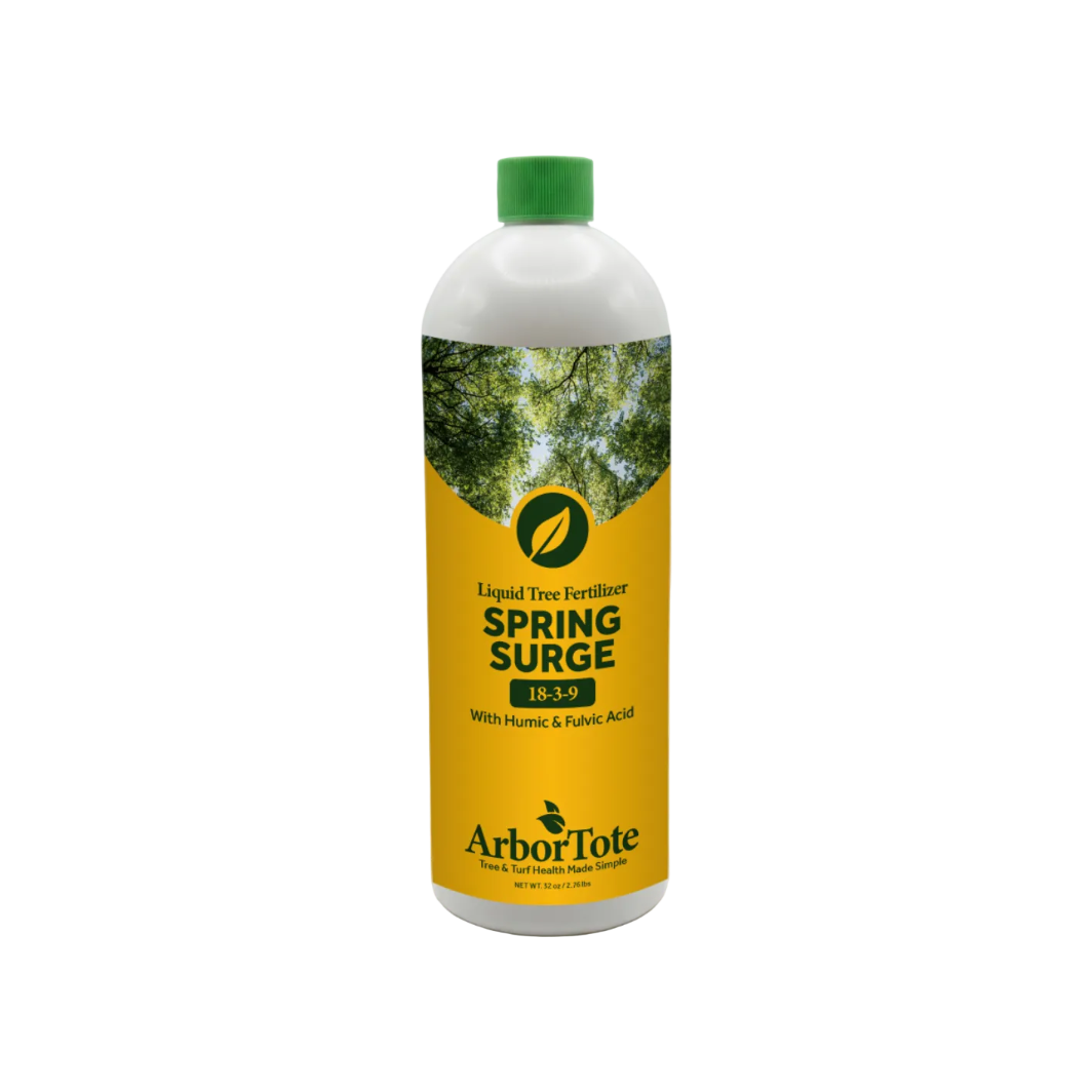 Bottle of ArborTote Spring Surge liquid tree fertilizer on a white background