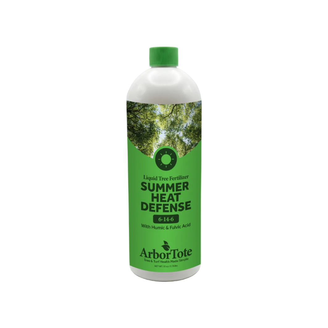 Bottle of ArborTote Summer Heat Defense liquid tree fertilizer on a white background