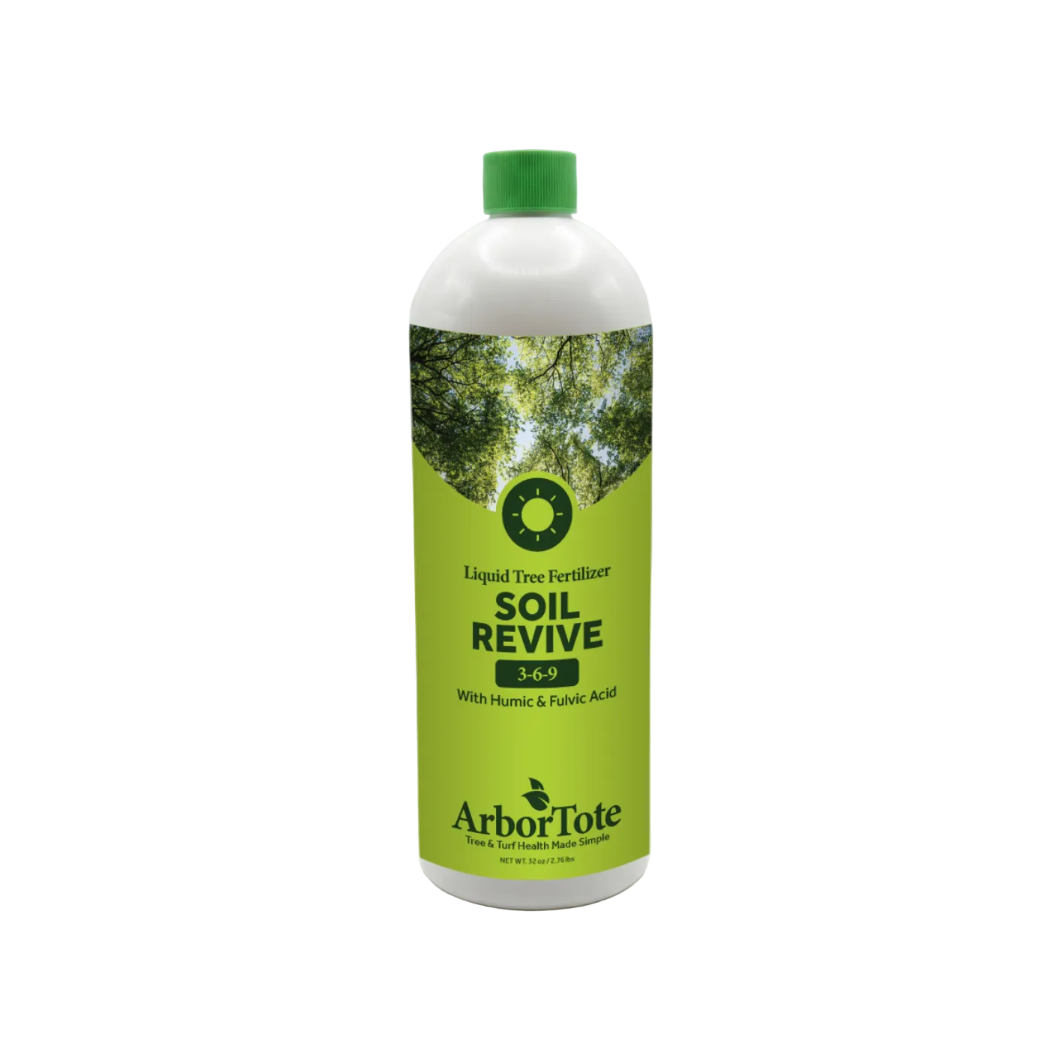 Bottle of ArborTote Soil Revive liquid tree fertilizer on a white background