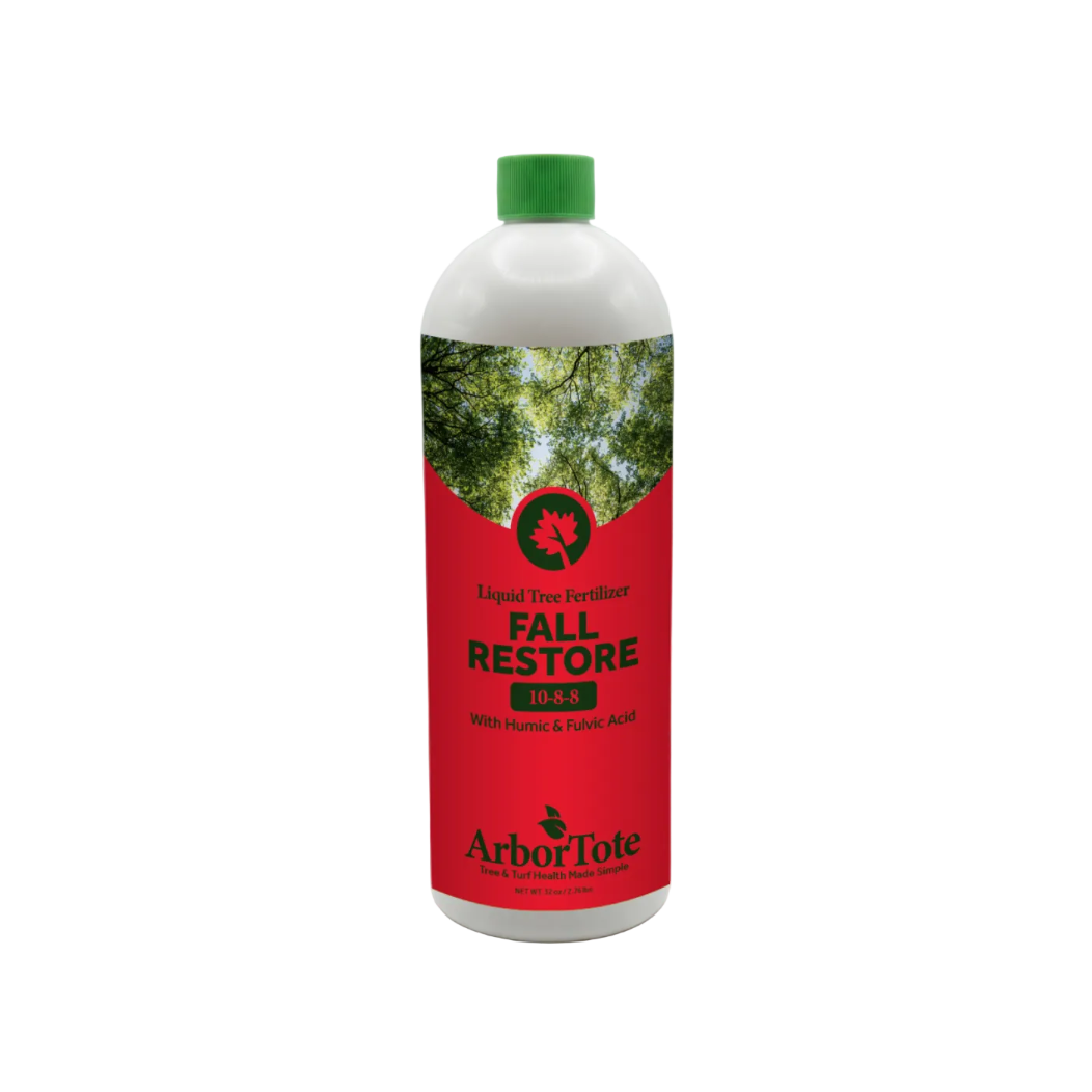 Bottle of ArborTote Fall Restore liquid tree fertilizer on a white background